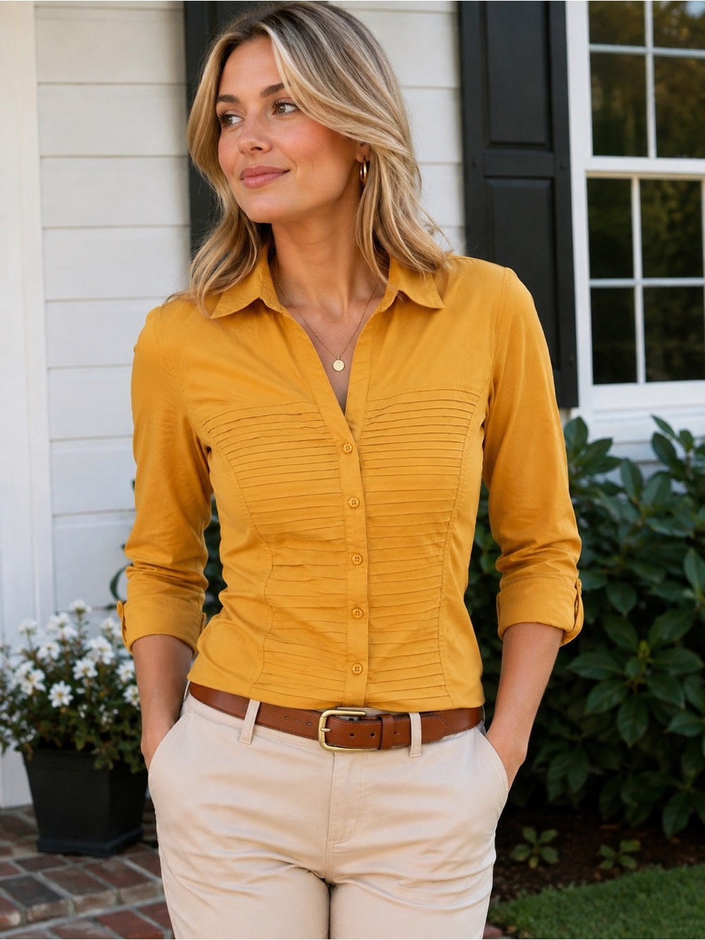 Zac & Rachel XL Mustard Yellow Stretch Fitted Pintuck Button Down Shirt